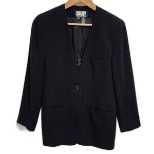 DKNY Blazer Women Sz 2 Black 100% Wool 1 Button Long Slv Lined Oversized Office